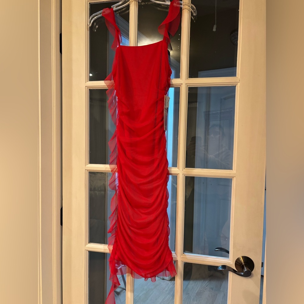 Emerald Sundae Vibrant Red Mesh Fabric Lined Ruched Short Dress XS